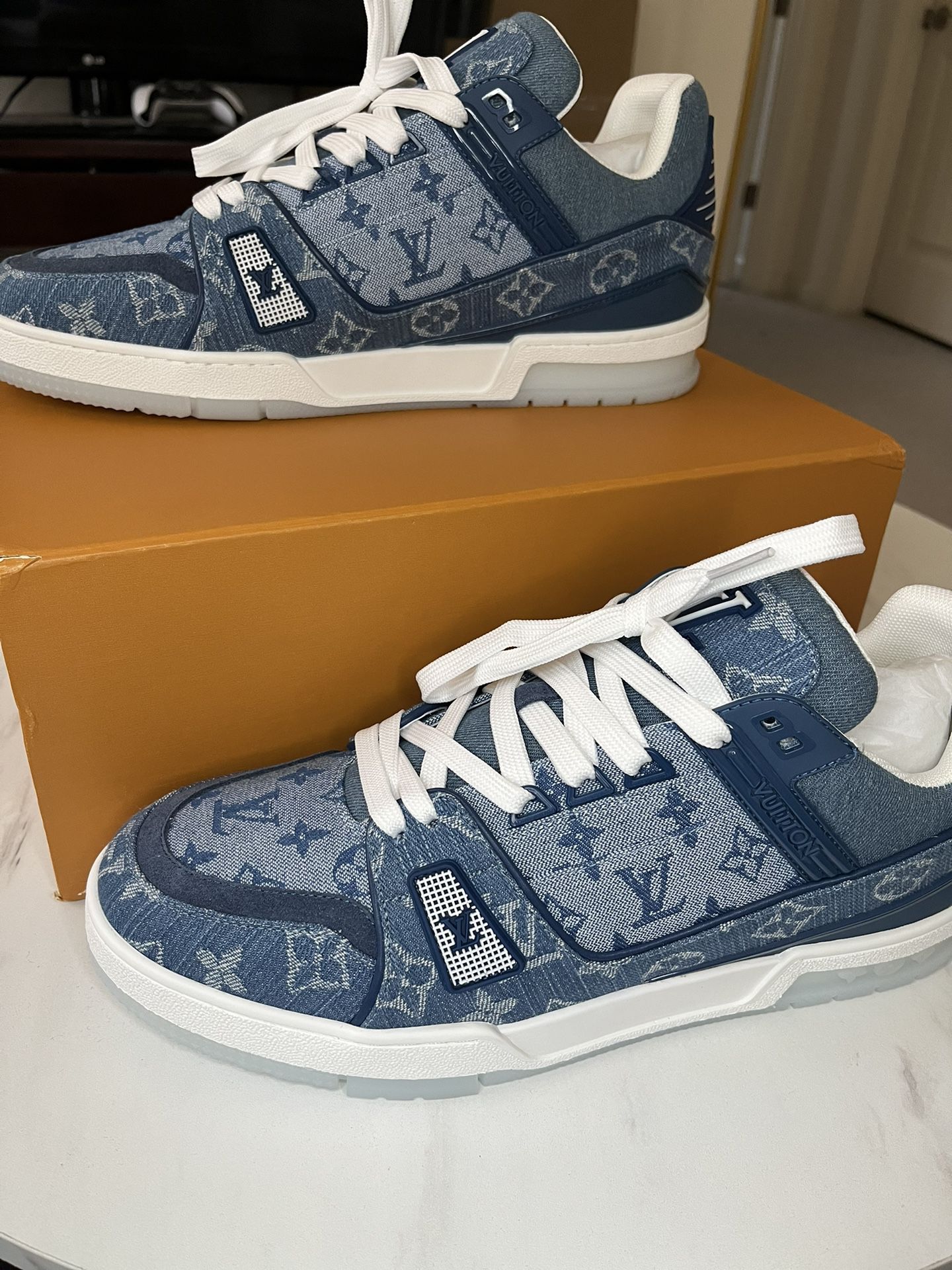 Brand New authentic Louis Vuitton Trainer monogram denim green & white  Sneakers (Size: Euro 44, Men's 10-11) for Sale in Valley Stream, NY -  OfferUp