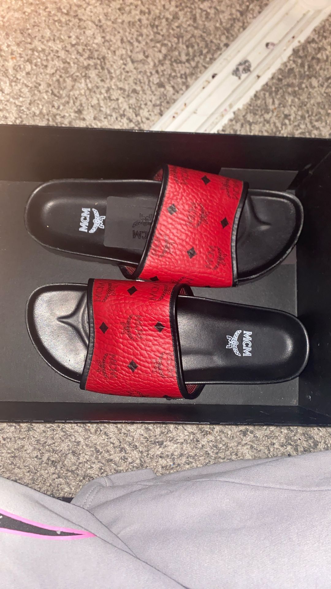 Ruby red mcm leather monogram slides size 45