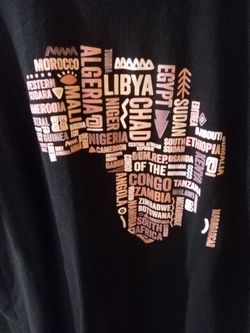 Black Shirt With Continent Of Africa And Brown With Almost Each Country Spelled Out Thrift Shirt.