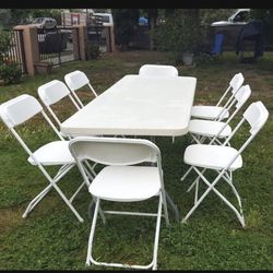 Set Of 9 1 6tf White Foldable Table 8 White Plastic Foldable Chairs 