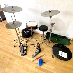 Complete drum hardware set new quiet cymbals pearl snare stand  bags  ODP 2 leg Hihat double pedal $350 Cash In Ontario 91762 Good Condition Sticks Ke