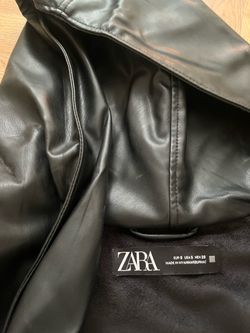 Zara Black Faux Leather Jacket hooded coat black leather look Mac size s