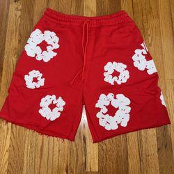 Brand New White on Red Denim Tear Shorts