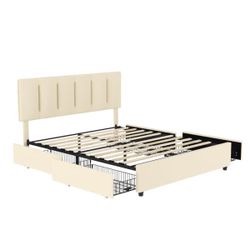 Upholstered Bed Frame, Queen Bed Frame with 4-Storage Drawers and Adjustable Headboard Platform Bed Frame Beige