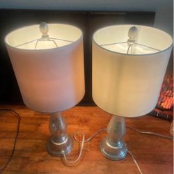 ✨ Elegant Set of 2 Silver Glass Table Lamps w/ Tall Drum Shades - 25” Height ✨  Pickup Location: Durango & 215  Transform your space with this beautif