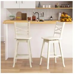  2 PCS 24" Counter Height Stool Rubber Wood Swivel Bar Stool with Inclined Backrest Cream - White