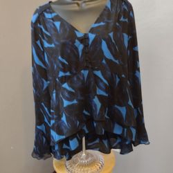 Halston blue and black flowy sheer blouse size medium 
100% polyester

