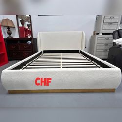modern classic white boucle fabric Queen/King bed frame