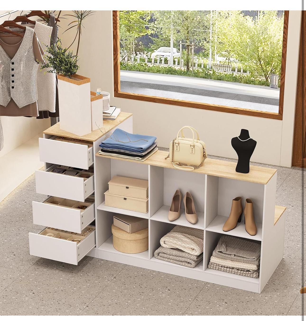 Wardrobe Armoire Closet with Bench, Walk-in Closet Island Dresser with 8 Drawers & Shoe Shelves (AB100)