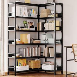 Industrial Bookshelves 6 Tiers Corner Bookcases with Baffles Etagere Shelf Storage Rack with Metal Frame for Living Room Home Office