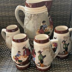vintage Acatlipa-Mor ceramic beer stein set from Mexico, featuring a rustic hunter theme.