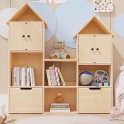 Wooden Kids Bookshelf with Toy Box, Toy Storage Organizer with Wheels, Kids Bookcase for Playroom, B