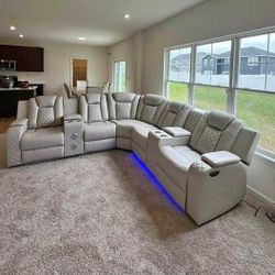 Power recliner sectional with USB BT Speakers, LED Beige color sectional SOFA