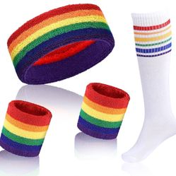 4 Pcs Striped Sweatband Sock Set Wrist Sweatband Headband High Striped Headband for Men Women Sports 80s Party(Rainbow Color