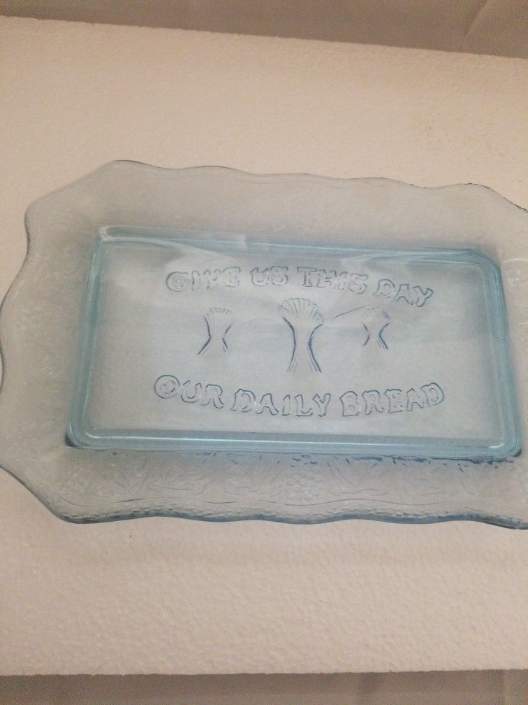 The Lord's Prayer Plate -Tiara Indiana Glass 11" X 7" Ice Blue "GIVE US THIS DAY OUR DAILY BREAD PLATE".