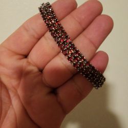 925 Sterling Silver Bracelet With Real Garnet Stone 7.5 Inches