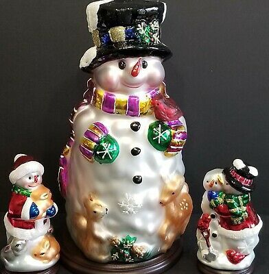 QVC Thomas Pacconi Snowman Blown Glass Christmas Figurine with Wood Base - Set of 3 in Original Box