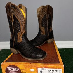 Men's Caiman Embroidery And Woven Shaft Square Boots Oil Brown