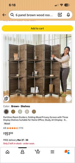 New! Coffee brown 6 panel room divider with shelves. Real wood. New!