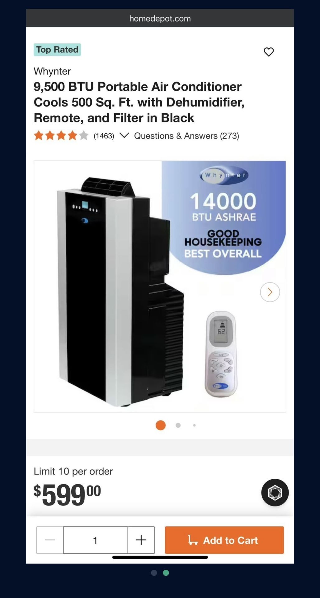 Portable Air Conditioner Cools 500 Sq Whynter 