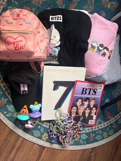 BTS hoodies (3), backpack pink, hat logo, 43 bracelets, album, posters, keychains