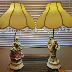 Pair of Rare Antique Capodimonte Porcelain Figurines Table Lamps 30.5"×18"