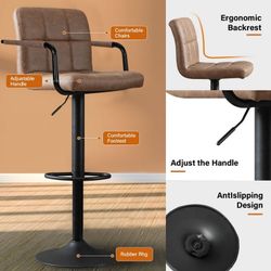 Bar Stools Set of 2， Back and Armrest,Vintage Leather Modern Bar Chairs for Home and Kitchen Counter,Brown,Low Back