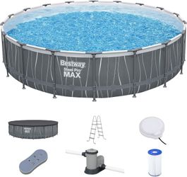 Bestway Steel Pro MAX 18 Foot x 48 Inches Metal Frame Above Ground Round Swimming Pool Set with LED Light, Remote Control, Ladder, and Pool Cover 18ft