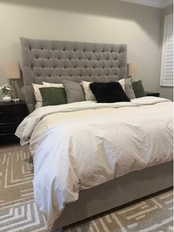 King Upholstered Platform Bed Frame - Tufted Wingback Headboard