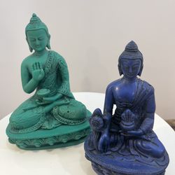 Pair of Buddha Statues Meditation Zen Decor Blue & Green