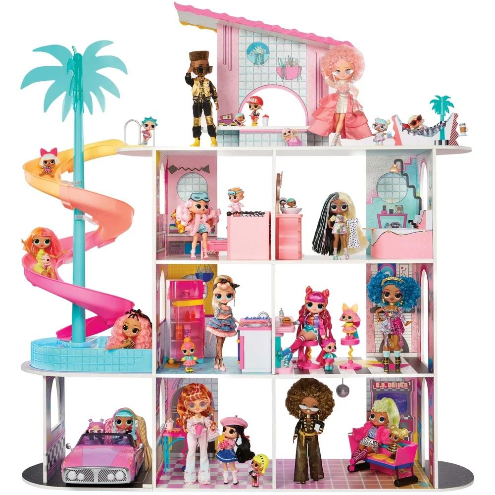 LOL Surprise OMG Fashion House Playset, 85+ Surprises, Real Wood, Pool, Spiral Slide, Rooftop Patio, Furniture, Kids Gift 4-14