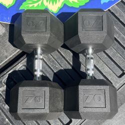 PAIR  OF  NEW   RUBBER  CAP  70 LB.  DUMBBELLS