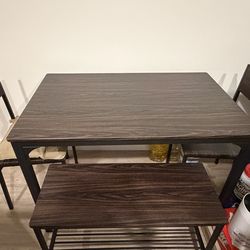 Modern Dark Wood Dining Table Set (Table + Bench + 2 Chairs)
