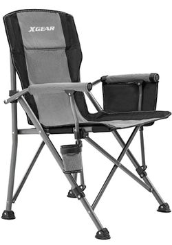 Back Folding Chair Hard Armrest Portable Chair Cup Holder Storage Pockets Carry Bag Included, Suppor