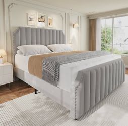 Gray Velvet Upholstered Bed Frame with Headboard