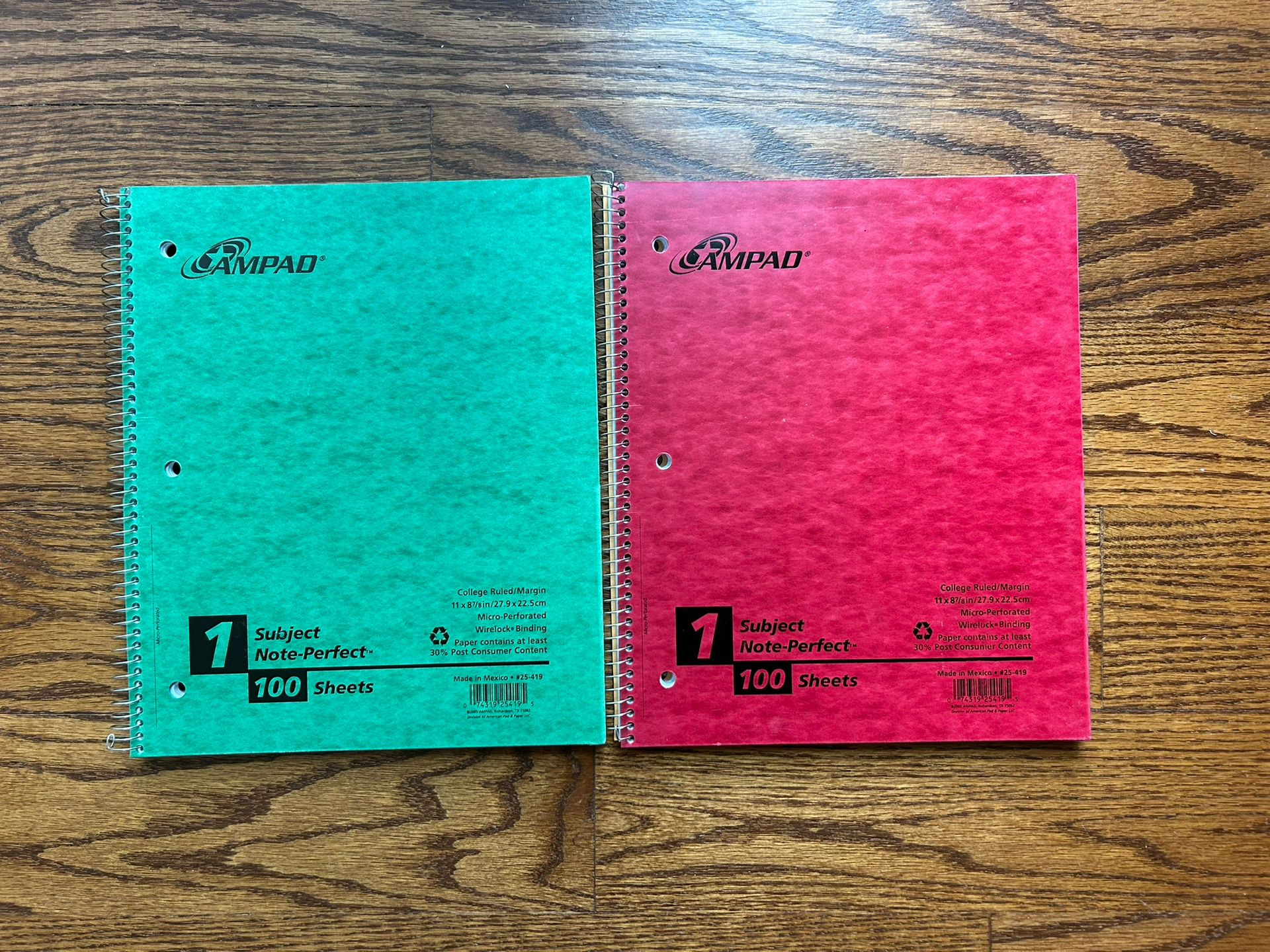 Lot Of 2 Spiral Perforated One Subject College Ruled Notebook 100 Sheets 11 X 8 7/8 With Pocket
