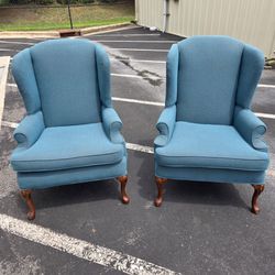 Pair of Traditional Blue Wingback Accent Chairs - Queen Anne Legs (Very Good Condition)