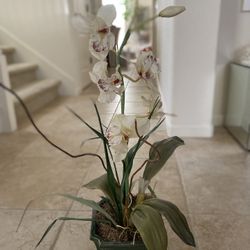 Vintage Ivory Faux Orchid In Green Ceramic Pot