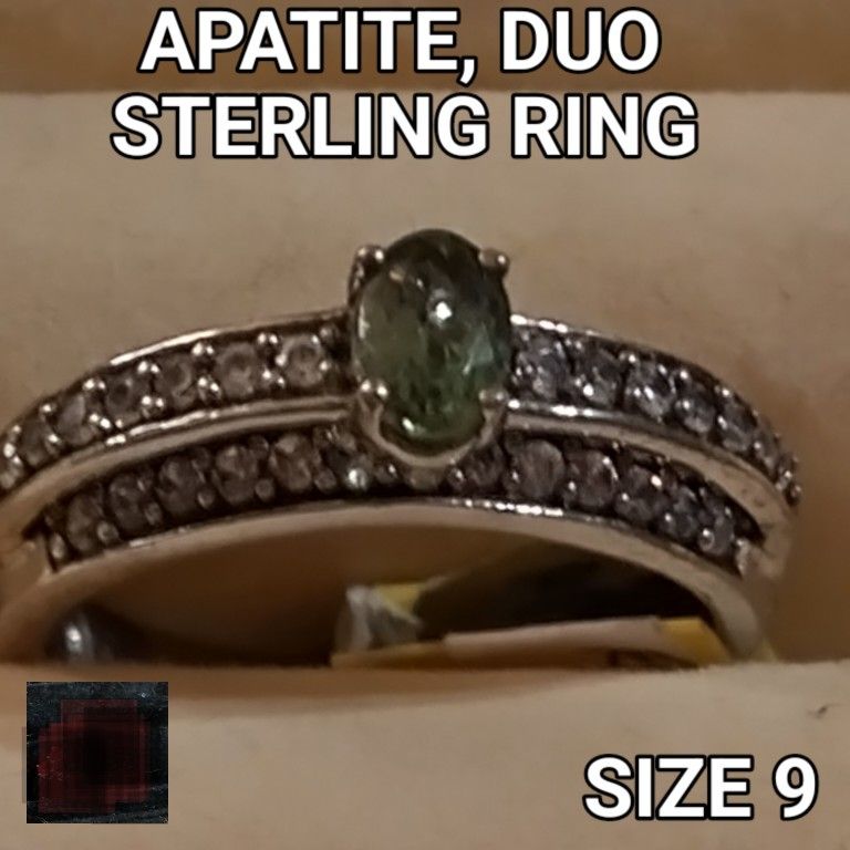 ALWAYS NEW... *APATITE DUO, WITH GLEAMING FACETED WHITE ZIRCON STERLING GEMSTONE RING. SIZE 9. (R-83993)
