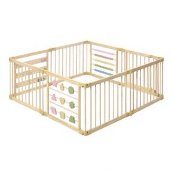 ZETY Natural Wood Baby Playpen – 8 Panel Foldable Play Yard with Door Panel and Built-in Toys, CPC Certified & SGS Tested