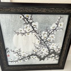 EUC Chinese White Cherry Blossom Black Glass Framed Painting on Xuan Paper - 22.5” x 22.5”