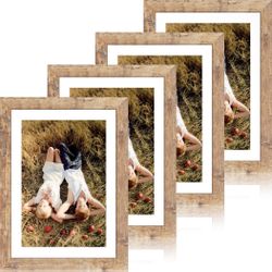 (4) Rustic Brown Frame Display 8x12 Pictures With Mat Or 10 X 14 Without Mat