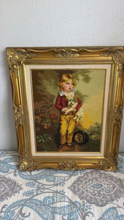 Framed Needlepoint Boy with Dog Artwork