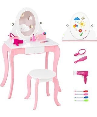 New in Box Kids Vanity Set, 2 in 1 Princess Makeup Dressing Table w/Double-Sided 360° Swivel Mirror