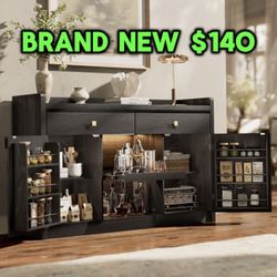 🆕 55" Sideboard Buffet Cabinet with Charging Station & LED Light, Coffee Bar Cabinet with Drawers, Pull-Out Shelf & Door Rack, Modern Storage Cabine 