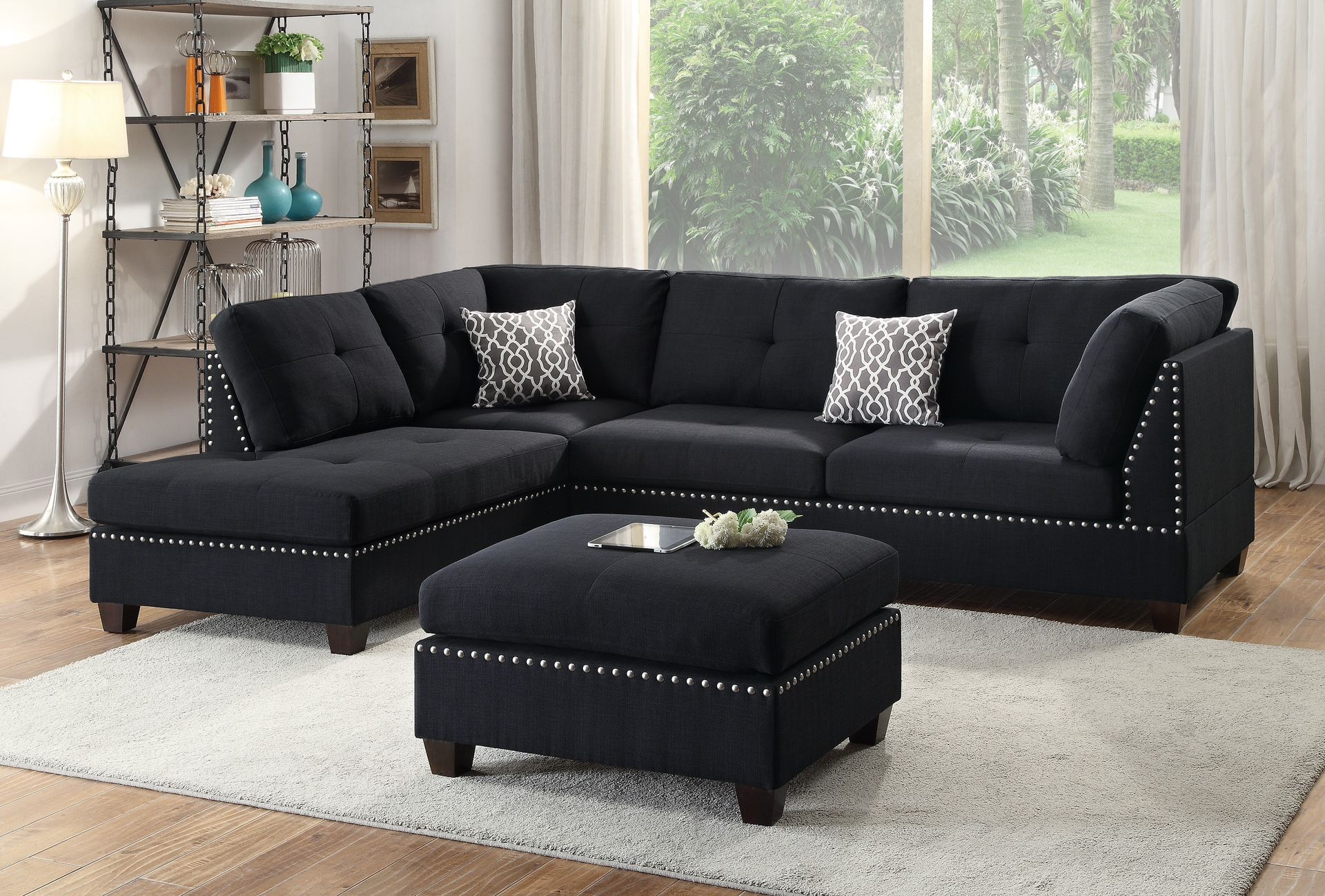 BLACK REVERSIBLE CHAISE SECTIONAL SOFA WITH OTTOMAN