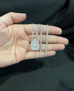 925 Sterling Silver CZ St Jude San Judas Square Pendant & Curb Chain