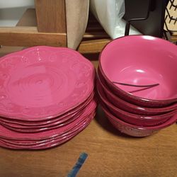 Red Plate Set And A Crock Pot 