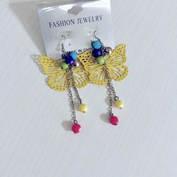 Bright Yellow Butterfly Earrings With Dangling Beads Fish Hook Metal NWT