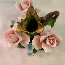Capodimonte Porcelain Pink Roses Candlestick Holder